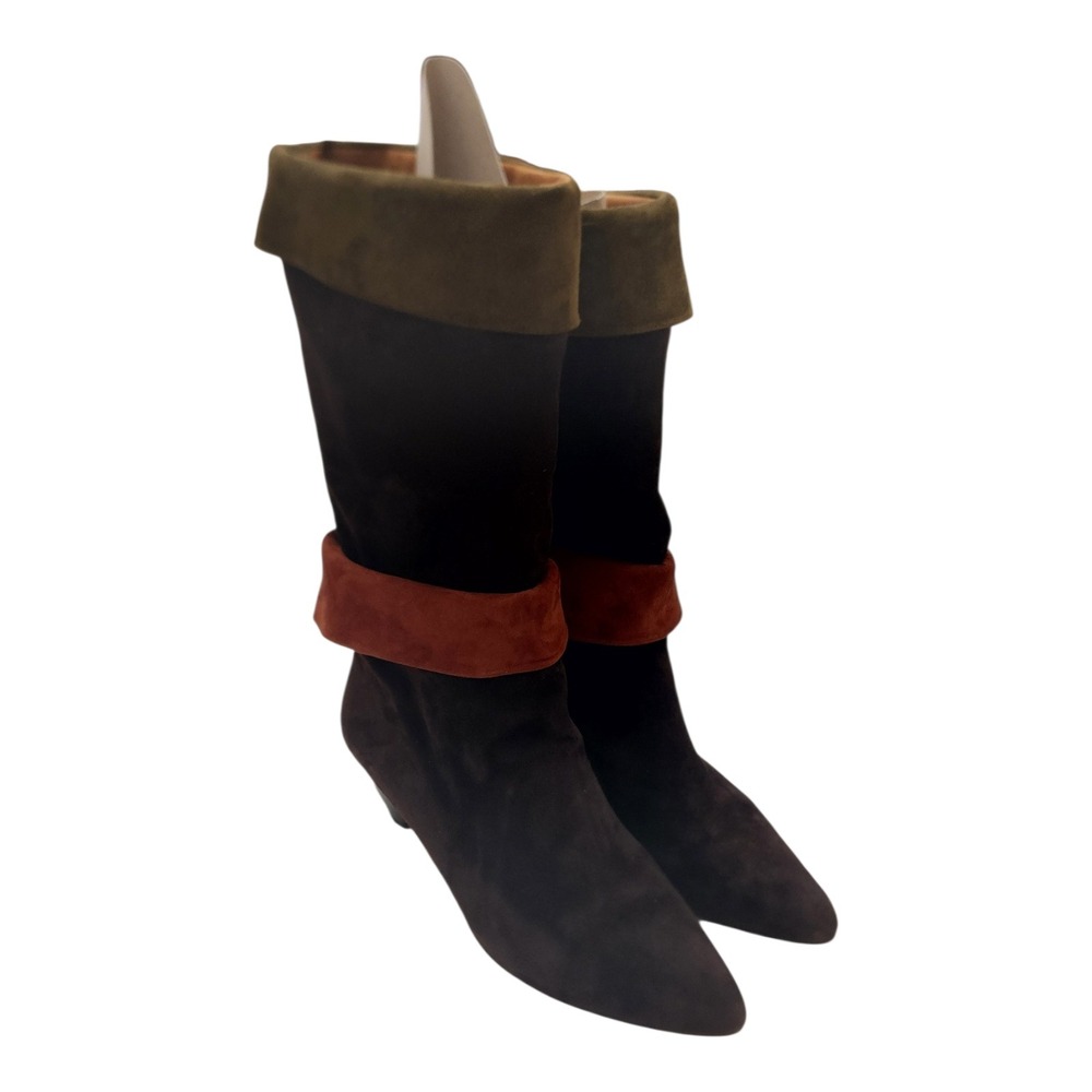 Phyllis Poland Brown‎ Suede Tri-Color Tall Boots Made in Italy 9 B Kitten Heel